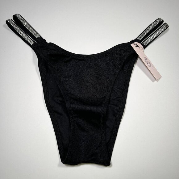 Victoria Secret Medium M Cheeky Brazilian Bikini Bottom Double Shine Strap Black - Picture 1 of 5